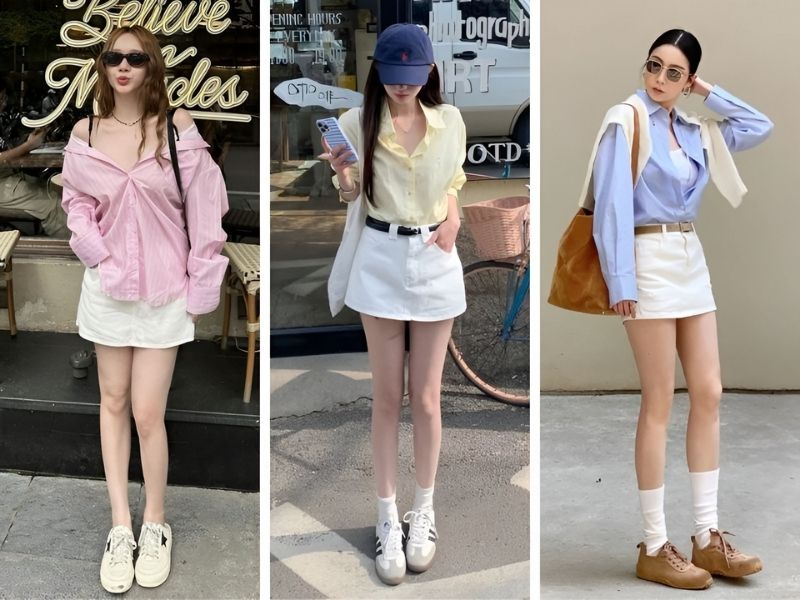 Mix chân váy trắng và áo sơ mi