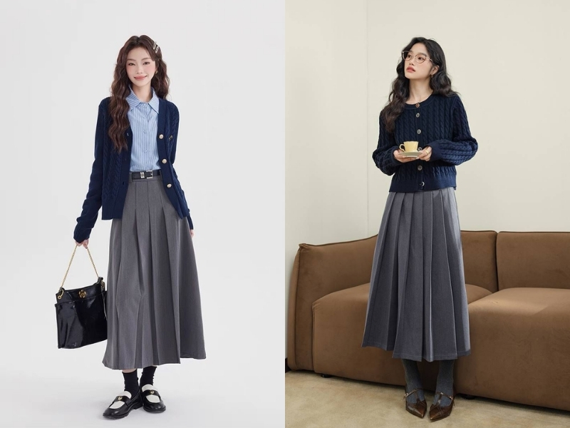 Phối đồ với áo cardigan ngắn cùng chân váy dài