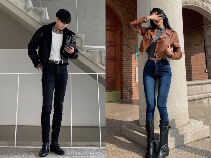 áo khoác da với skinny jeans