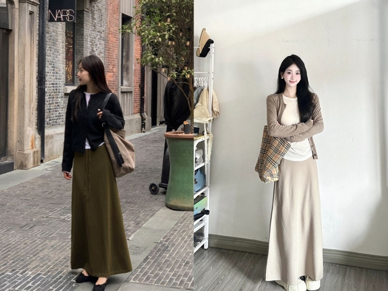 Chân váy len dài phối với áo cardigan