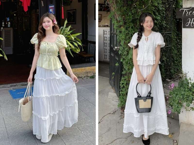 Chân váy xòe mix áo peplum cho dáng quả lê