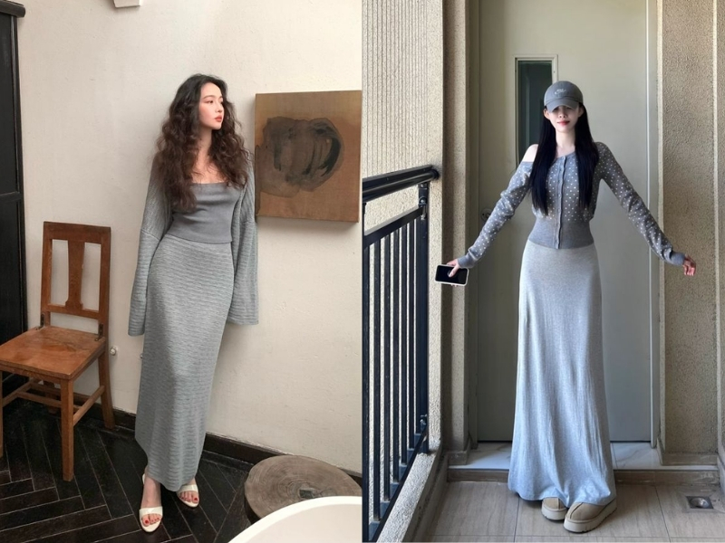 Chân váy len ôm phối áo cardigan dịu dàng và nữ tính
