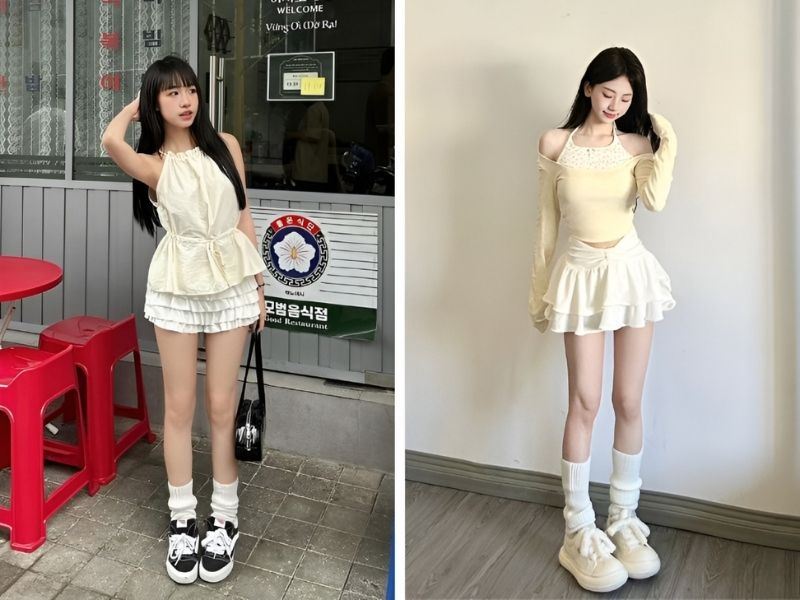 Phối áo cổ yếm và chân váy ngắn trắng