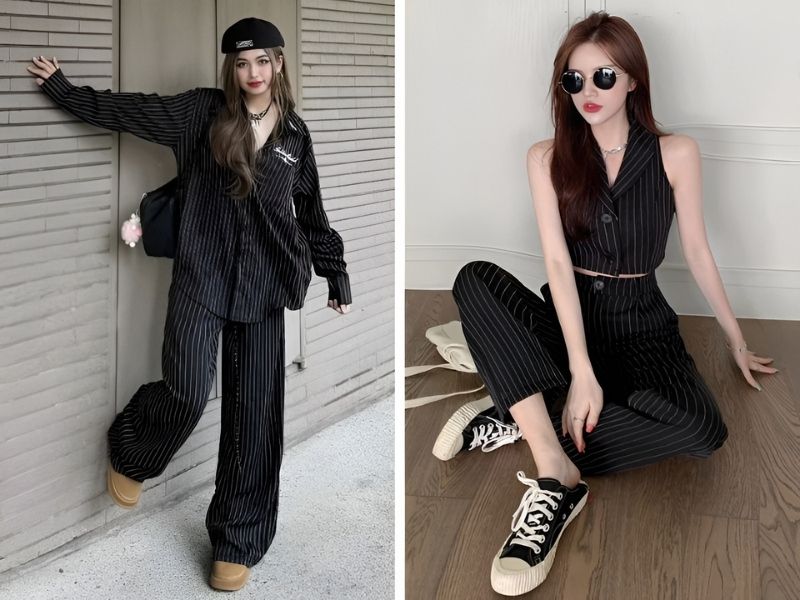 Set đồ kẻ sọc trắng đen cho nữ