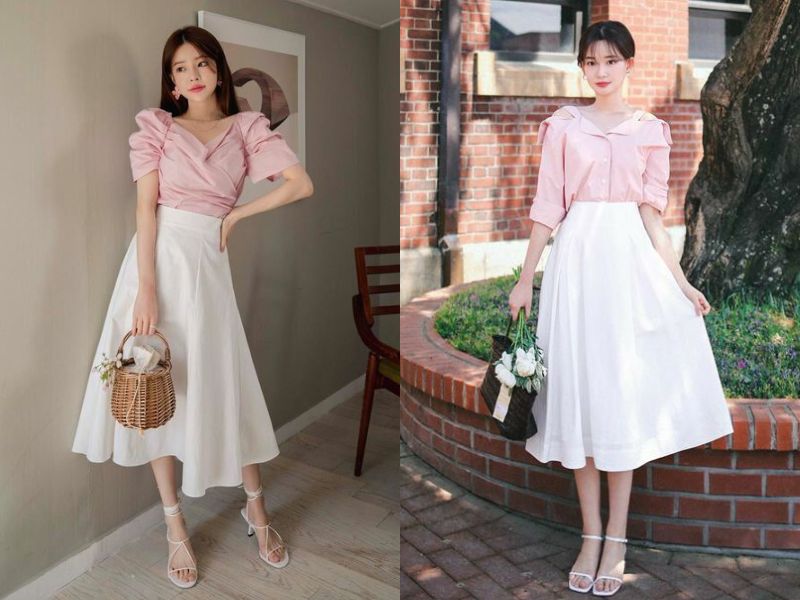 áo blouse hồng chân váy chữ a trắng