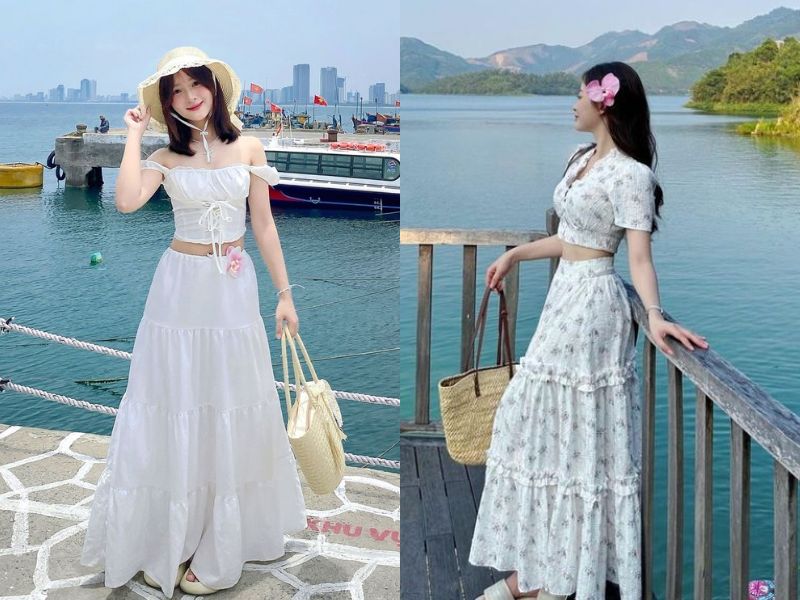 set áo croptop chân váy dài