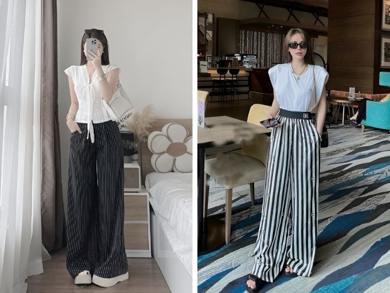 Phối quần kẻ sọc và áo cánh tiên