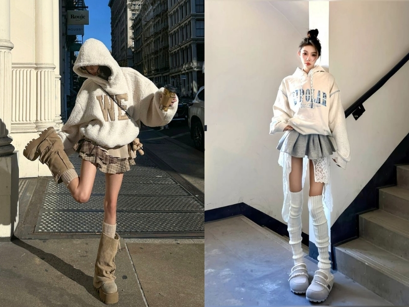 Hoodie phối chân váy ngắn và tất cao