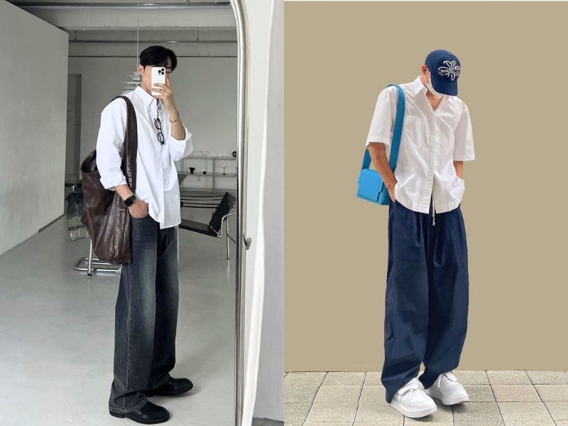 Sơ mi gọn gàng kết hợp quần tối màu cho nam 60kg