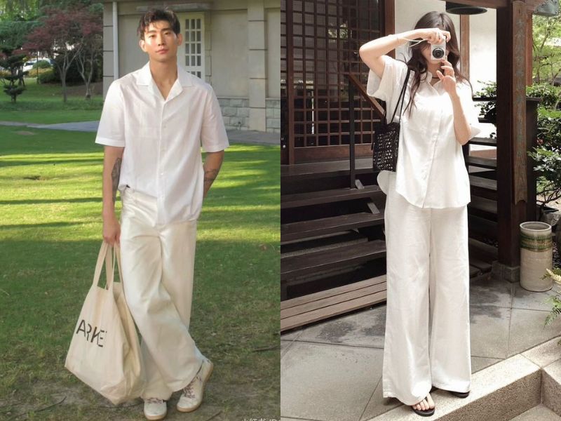 áo sơ mi trắng quần kem