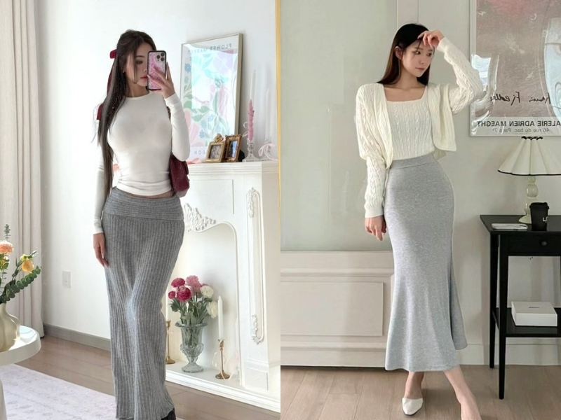 Chân váy len dài phối với áo croptop