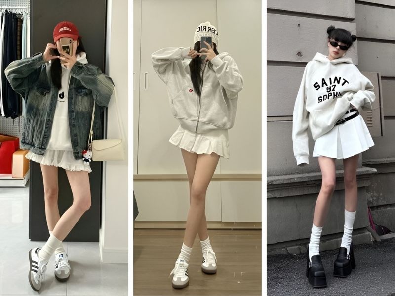 Phối chân váy trắng và áo khoác hoodie