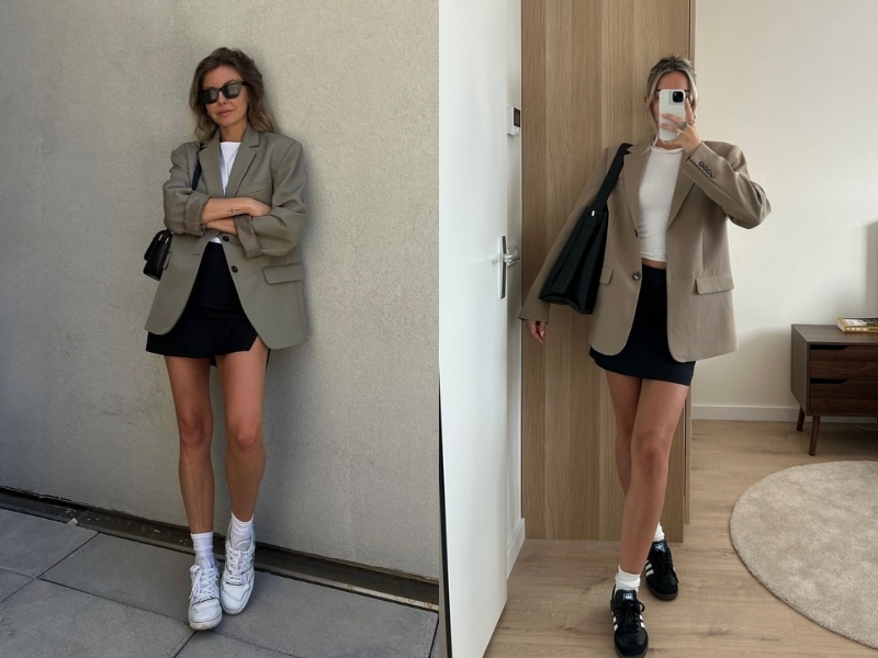 Chân váy ngắn phối blazer kem