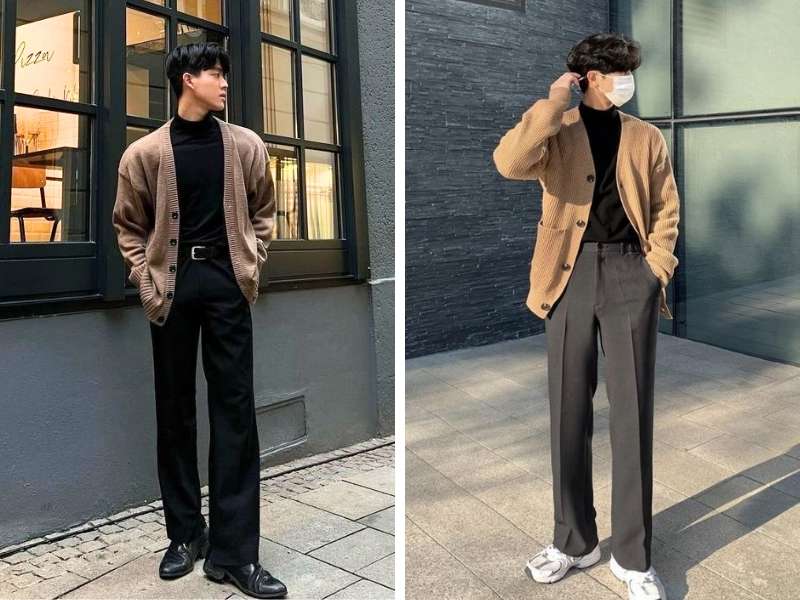 Phối áo cardigan với quần tây cho nam đi Sapa