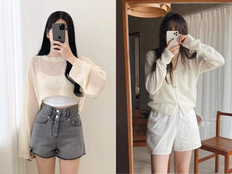 Phối đồ với cardigan dáng ngắn cùng quần short