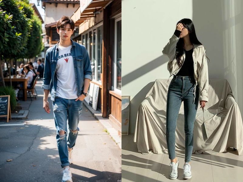 áo jacket và áo thun với quần skinny jeans