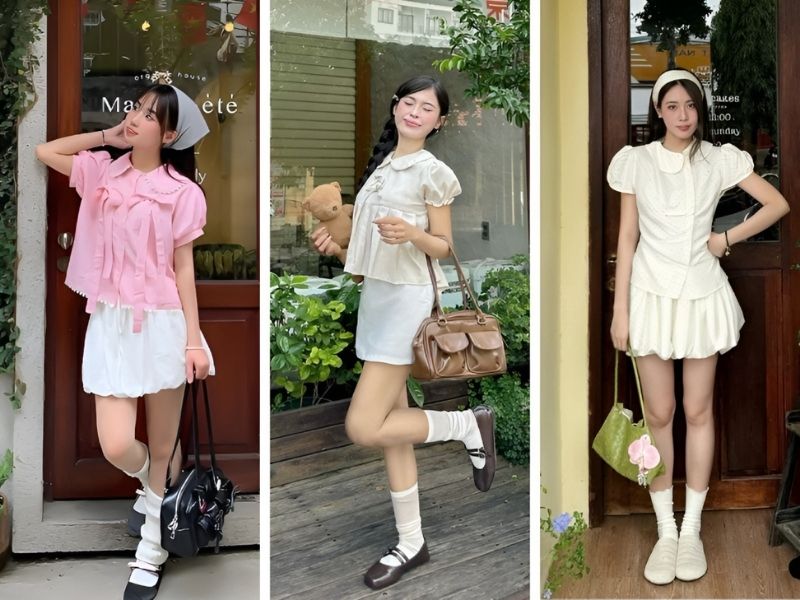 Phối chân váy trắng ngắn với áo sơ mi