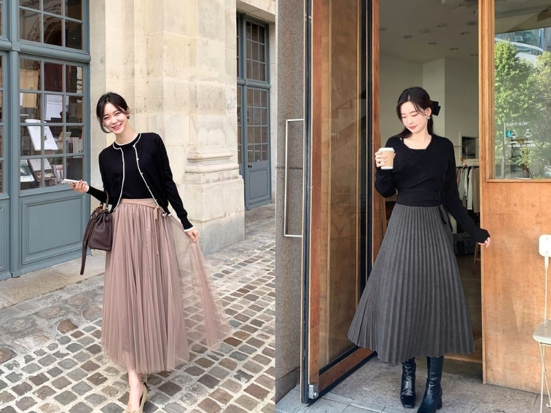 Cách mix đồ với áo cardigan ngắn cùng chân váy midi