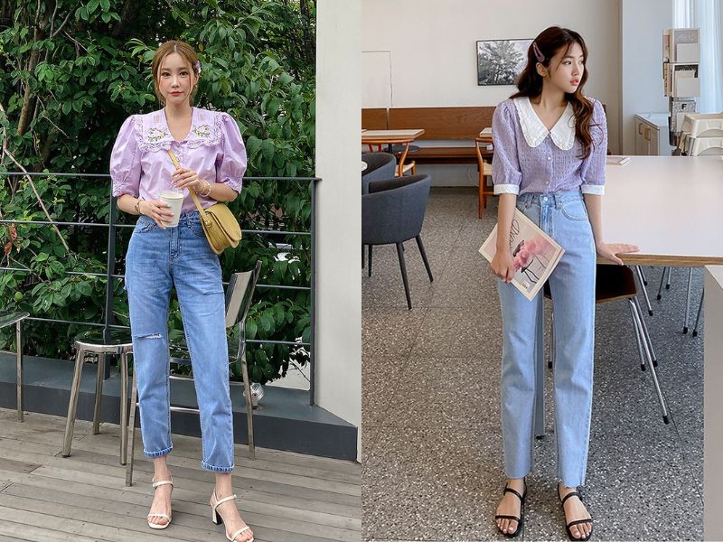 áo blouse tím và quần jeans ôm