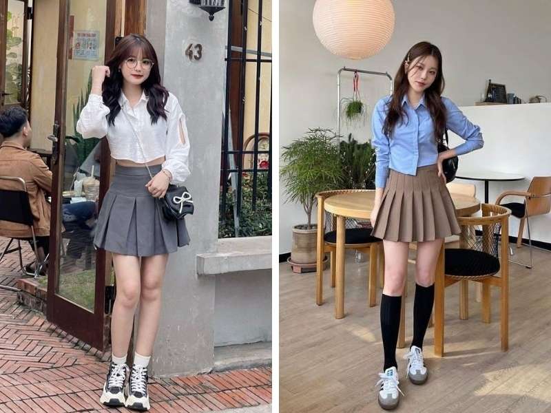 Chân váy tennis phối croptop cho dáng quả lê