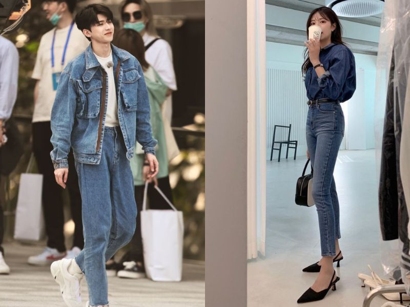 denim on denim outfit với skinny jeans