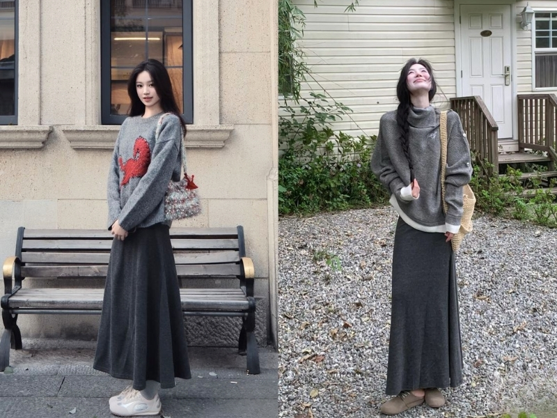 Chân váy len dài mặc với áo sweater
