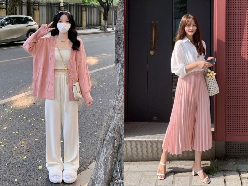 aó cardigan hồng với áo trắng bên trong hoặc chân váy hồng áo sơ mi trắng song tử