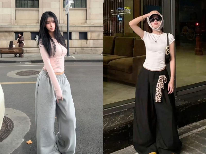 Quần ống rộng phối áo hai dây hoặc áo ôm vừa phải