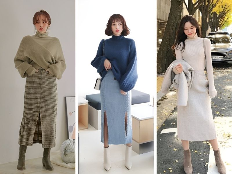 Mix chân váy dài và áo cổ lọ