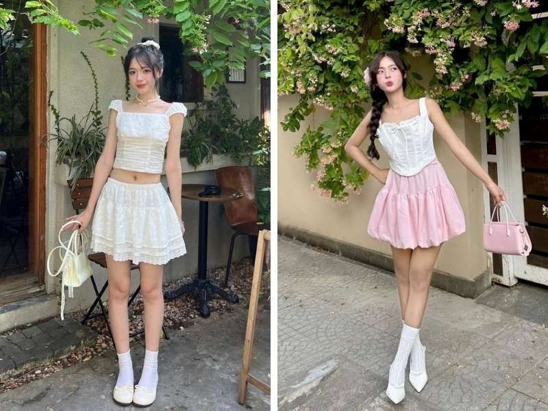 Áo cổ vuông phối chân váy cho dáng quả lê
