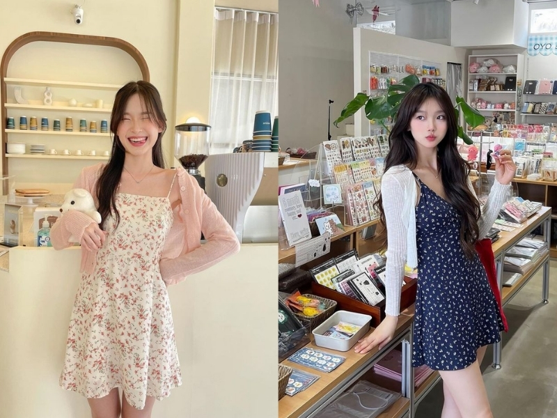 Cardigan phối váy hoa