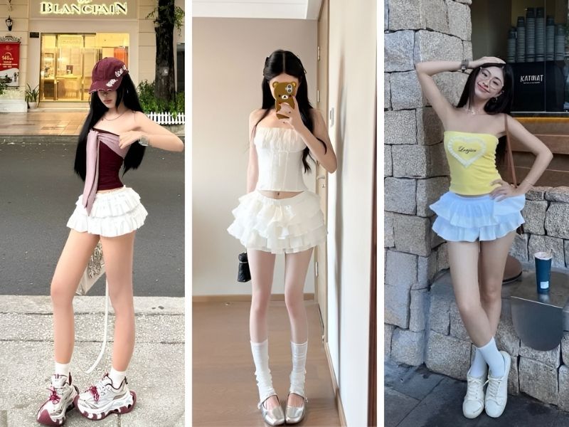 Phối đồ với chân váy trắng ngắn và áo tube