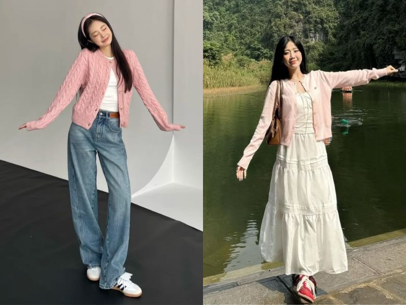 cardigan hồng với chân váy trắng hoặc quần jean