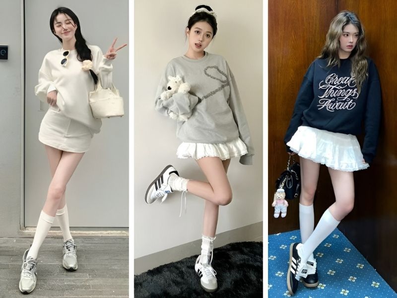 Phối áo sweater và chân váy trắng