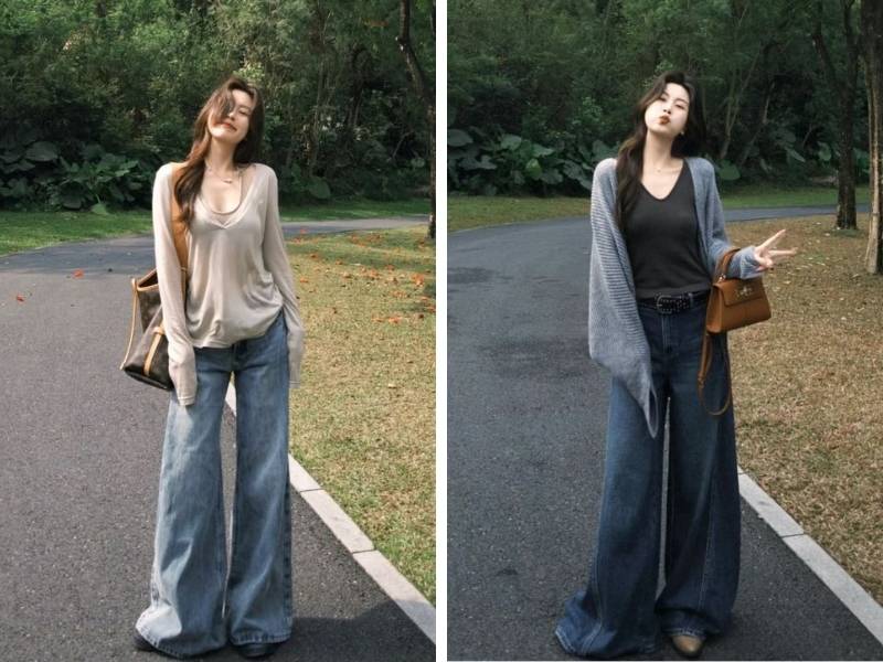 Phối quần jean ống rộng cho dáng tam giác ngược