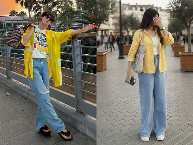 áo sơ mi vàng với quần jean xanh nhạt