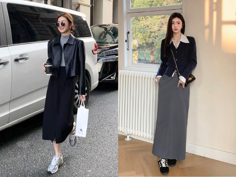 Chân váy len dài phối với áo blazer