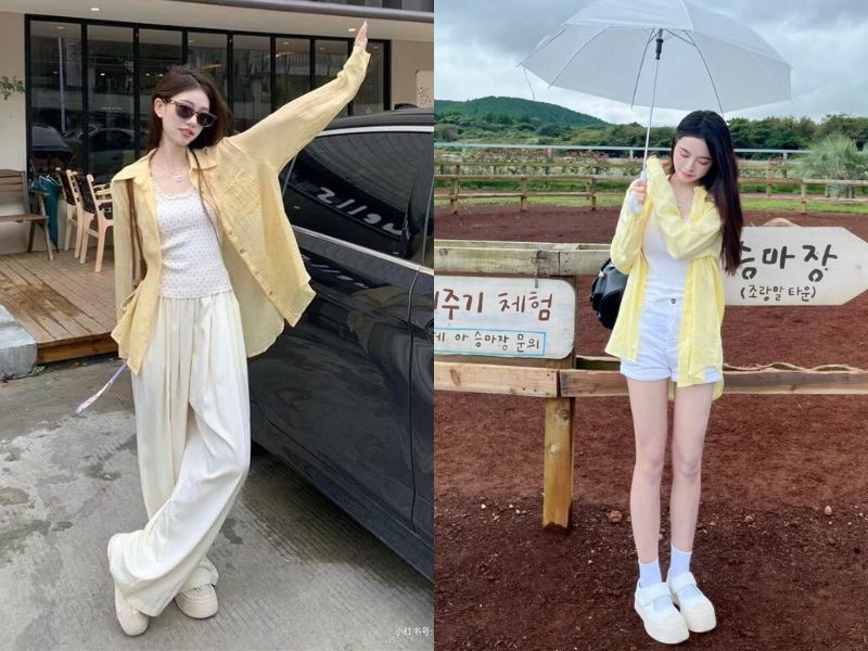 áo sơ mi vàng ba lỗ trắng