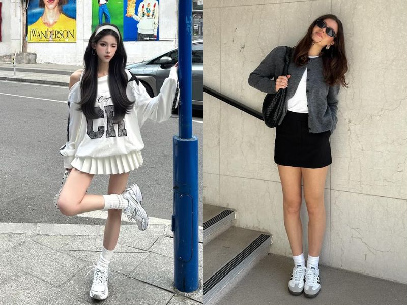 chân váy ngắn giày sneaker