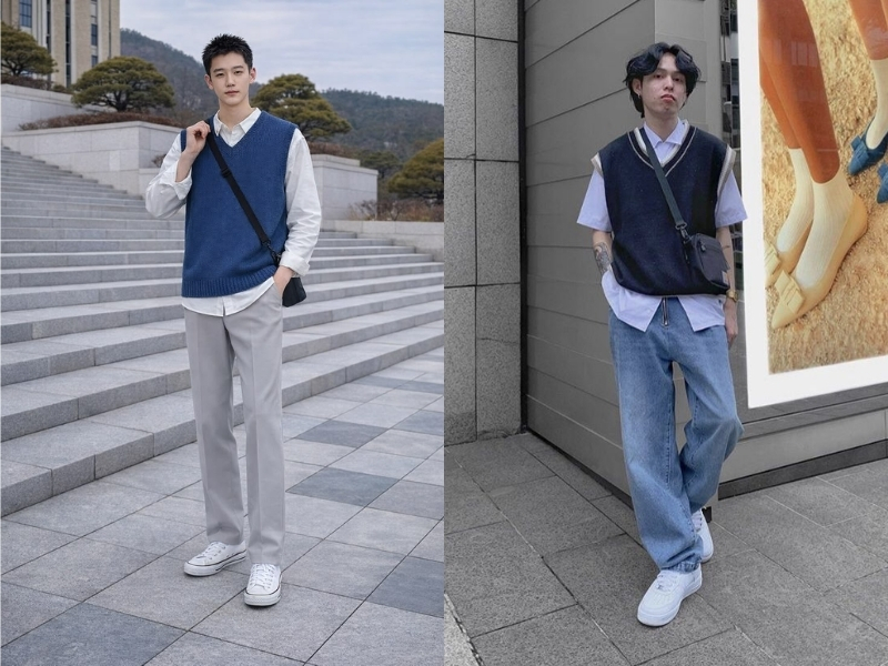 combo sơ mi trắng phối gile len và quần jeans hoặc quần tây ống suông cho nam