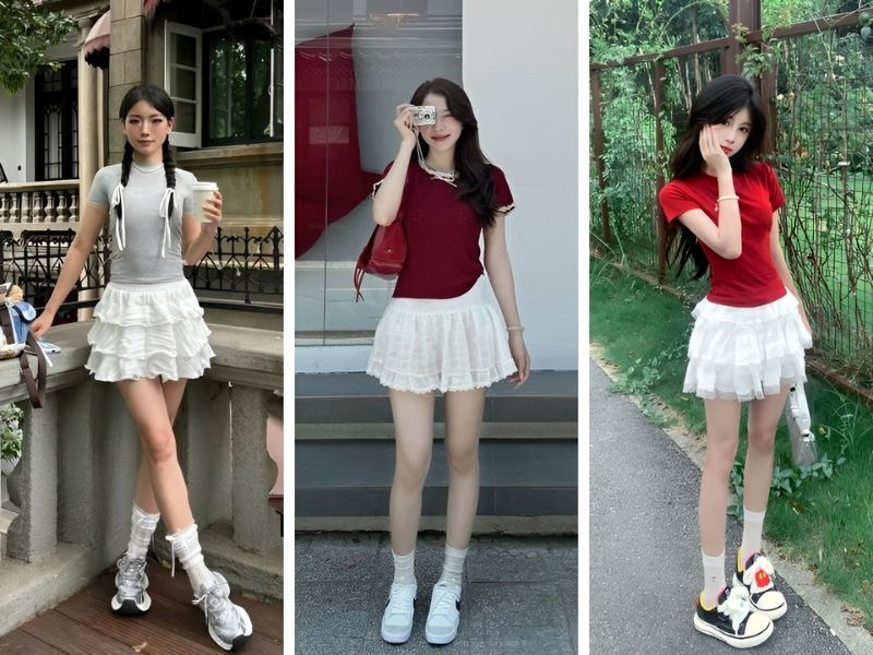 Phối áo thun ôm và chân váy trắng ngắn