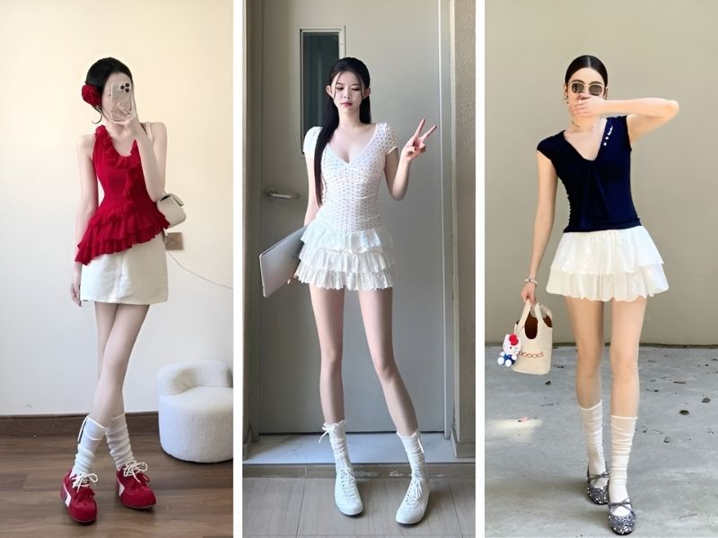  Phối áo chữ V và chân váy trắng
