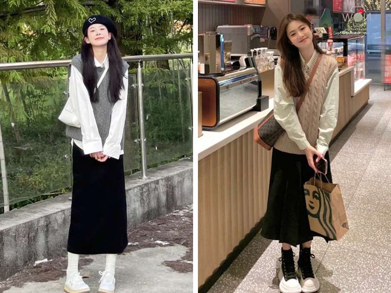 Phối chân váy suông với sơ mi và gile len