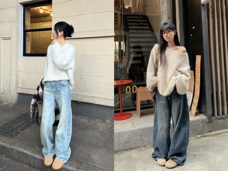 Áo len phối quần ống rộng