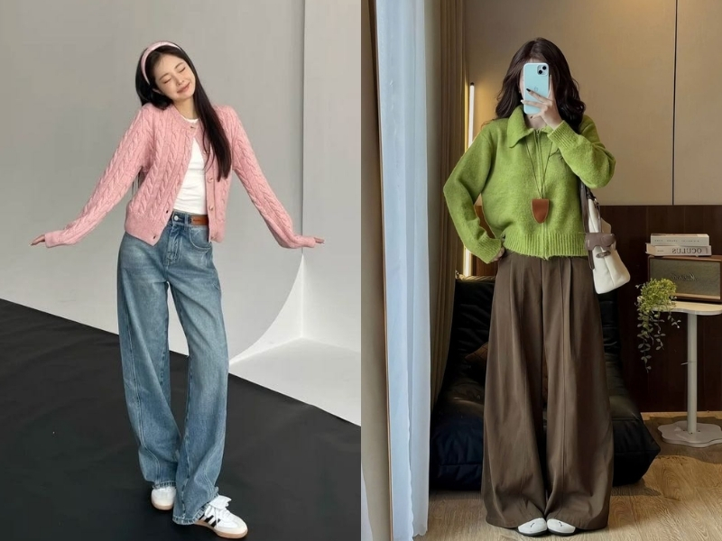 phối áo cardigan ngắn với quần ống rộng