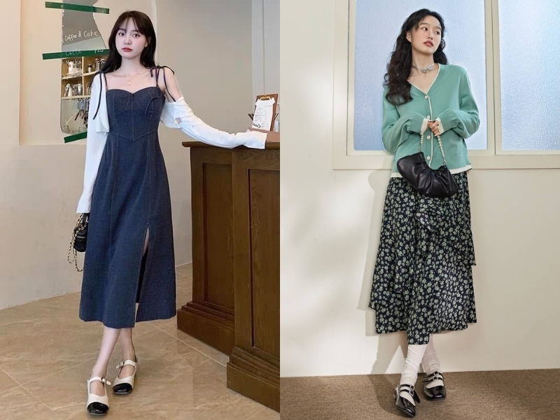 mix đồ với áo cardigan ngắn cùng váy hai dây