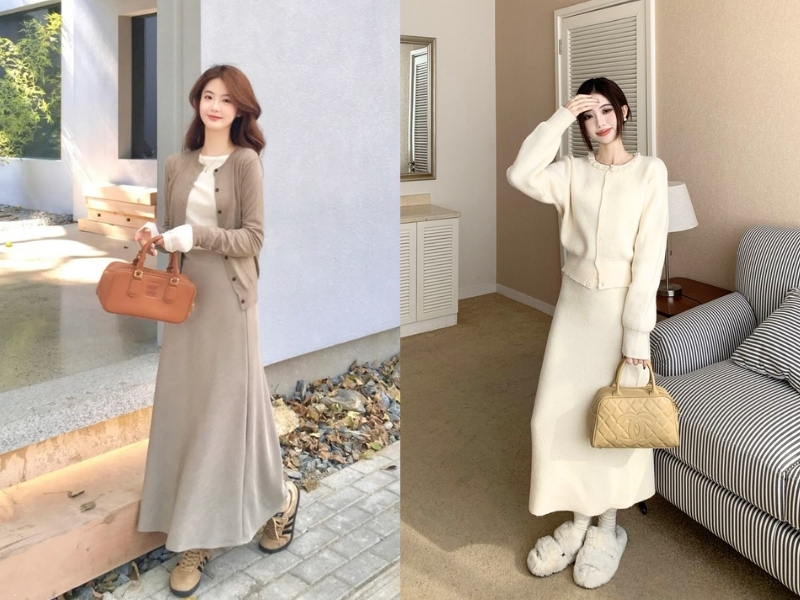 Chân váy len dài phối với áo cardigan