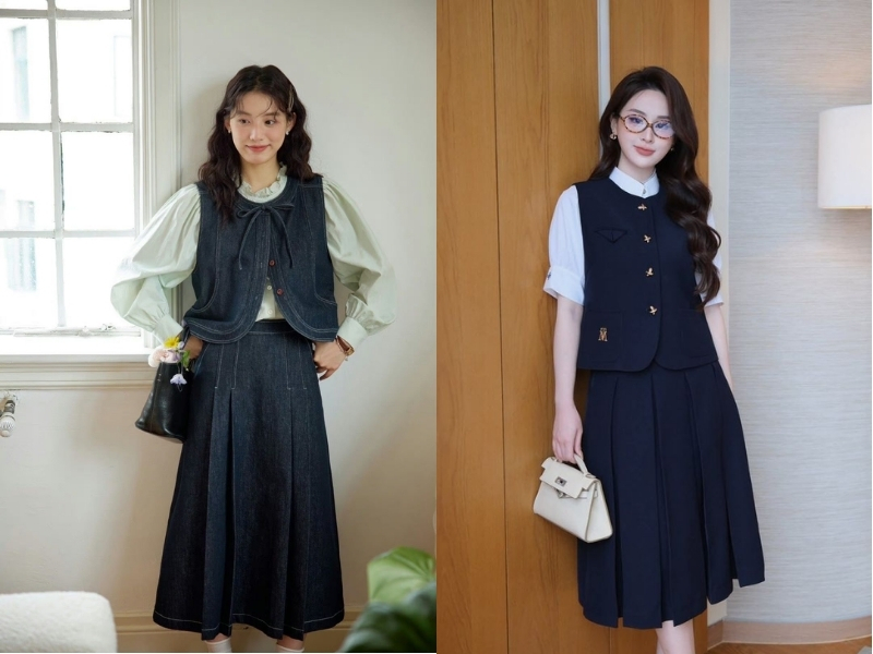 áo gile dệt kim hoặc gile khoác ngoài phối cùng chân váy