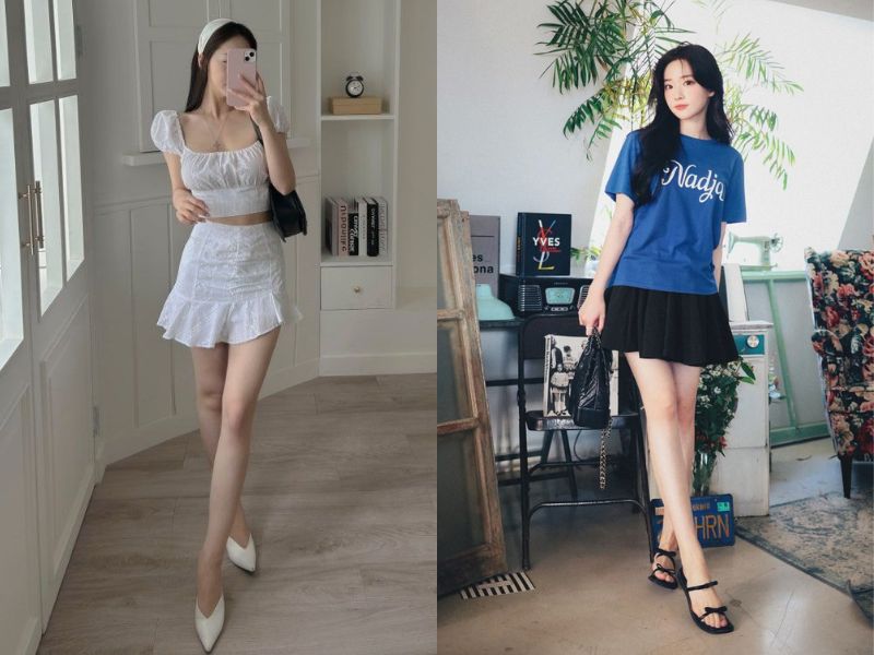 chân váy ngắn giày cao gót