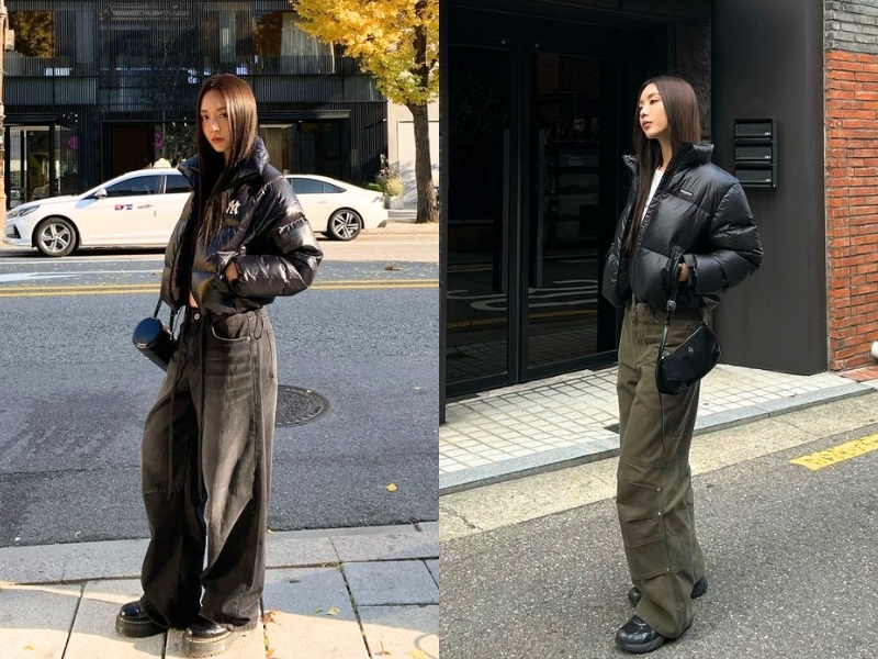 Áo phao croptop phối quần ống rộng cạp cao